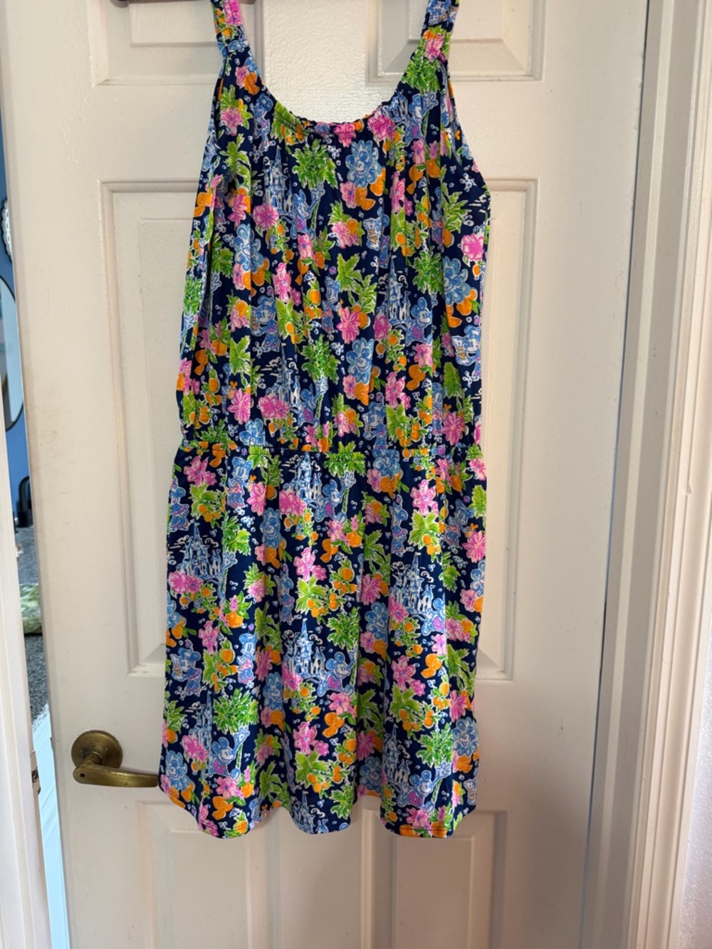 Lilly Disney NWT Navy Floral Romper with Pink, Green & Orange Blooms